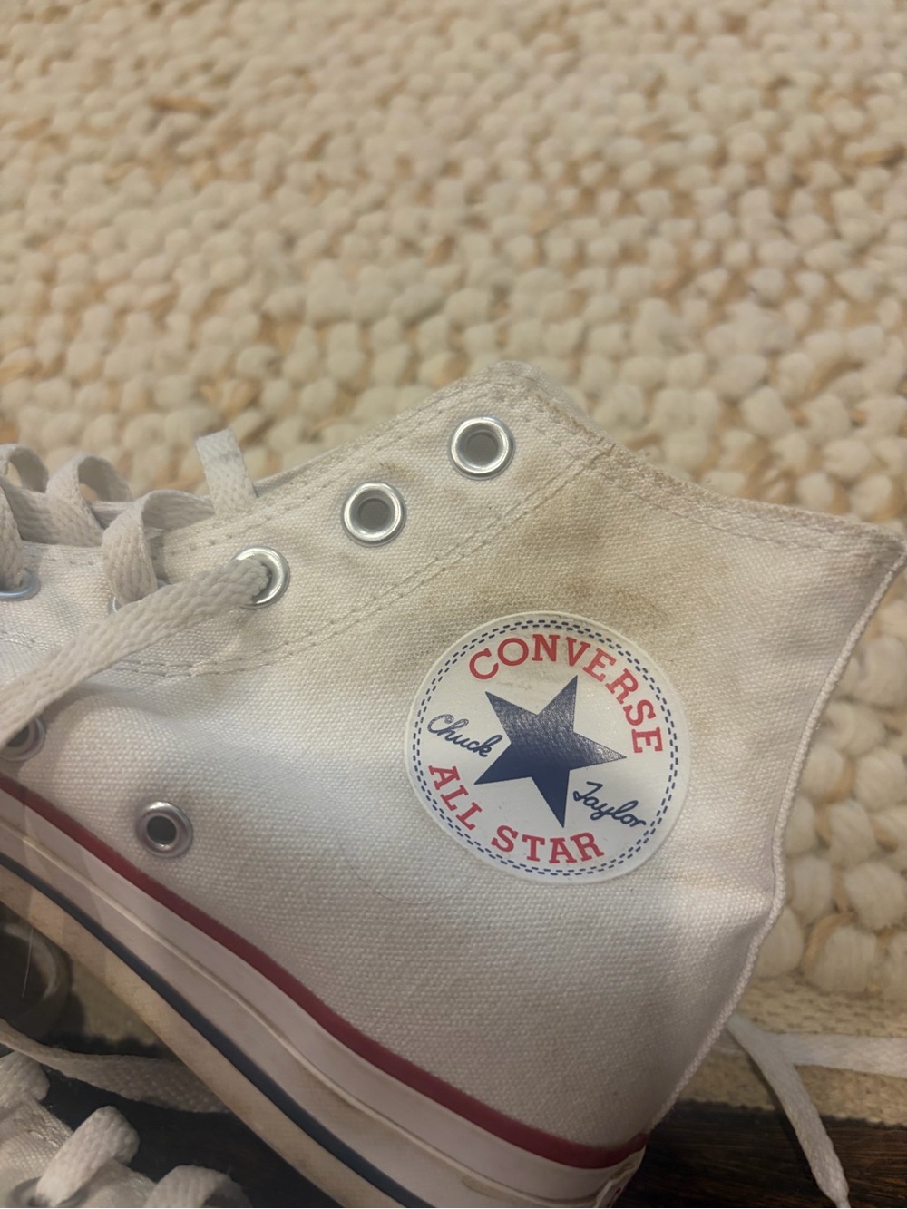 Converse  White High Top Sneakers with Red Trim - Picture 2 of 5